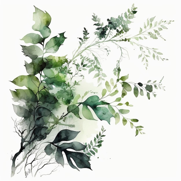 Folhas e ramos verdes em aquarela em fundo branco criados com IA gerativa