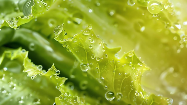 Folhas frescas de alface verde com gotas de água Conceito de alimentação saudável Closeup