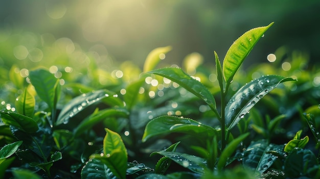 Folhas frescas de chá verde em uma plantação borrosa na encosta do morro de orvalho da manhã