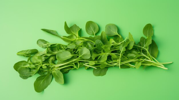 Folhas frescas de rúcula em fundo verde geradas por IA