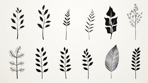 Folhas minimalistas em preto e branco desenhadas à mão em arte vetorial