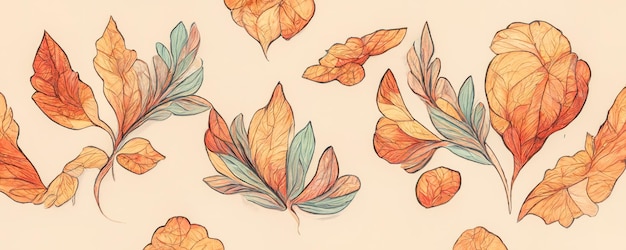 Folhas multicoloridas espetaculares em um design de outono de ilustração de arte digital 3D para copyspace de fundo abstrato com uma variedade de tipos de folhas espetaculosas