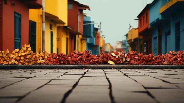 Foto folhas na rua em frente a uma casa amarela