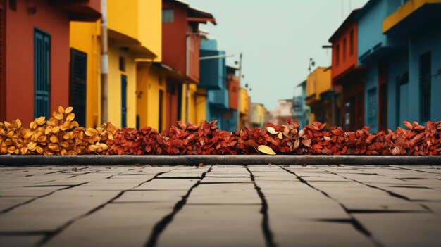 folhas na rua em frente a uma casa amarela