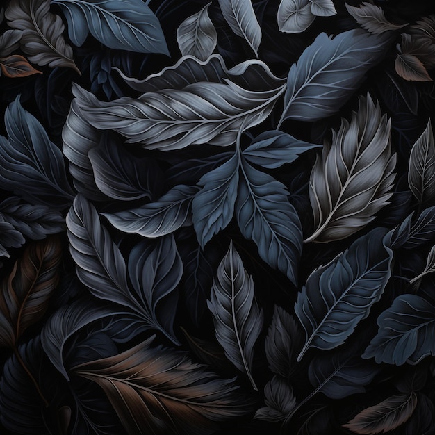 Folhas preenchidas com preto padrões de transições suaves um padrão de folhas azuis e castanhas em um preto