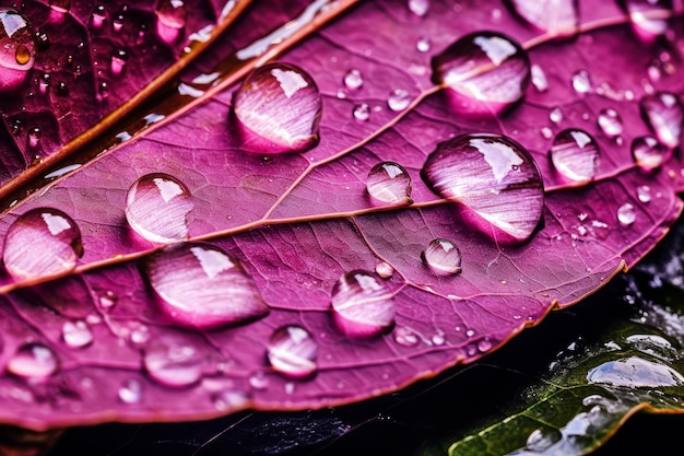 Folhas roxas com gotas de água sobre elas, com a palavra chuva sobre elas.