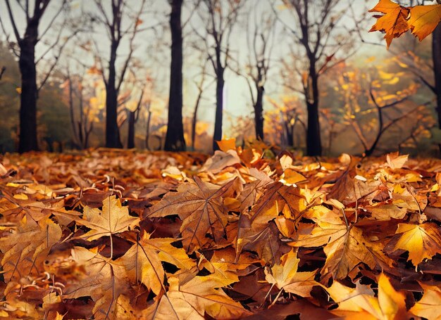 Folhas secas de outono caídas no chão cercadas por árvores altas