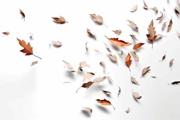 Folhas secas de outono voando sobre fundo branco IA generativa