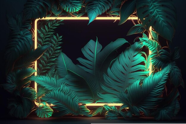 Folhas tropicais coloridas com moldura neon em fundo escuro Generative AI