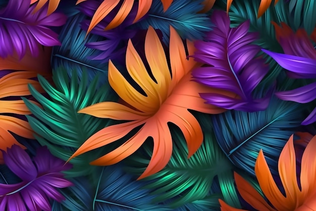 Folhas tropicais coloridas de néon