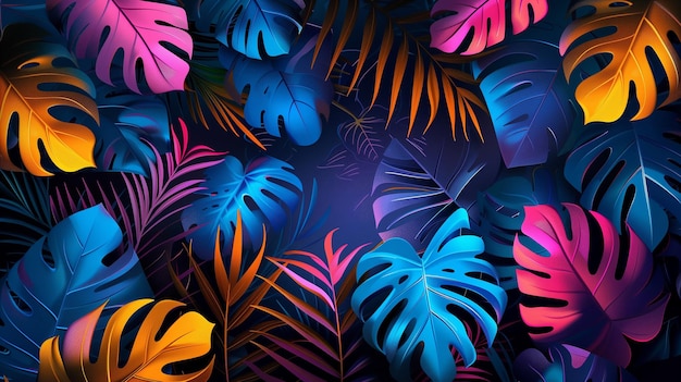 Folhas tropicais coloridas no fundo da noite escura