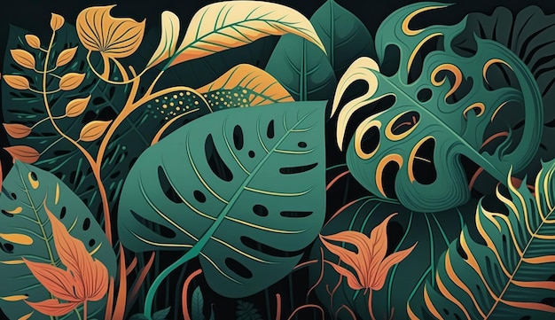 Folhas tropicais com ave do paraíso selva 2d ilustração digital plana fundo verde generativo ai