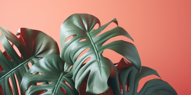 Folhas tropicais de Philodendron com fundo de coral Criado com tecnologia de IA generativa