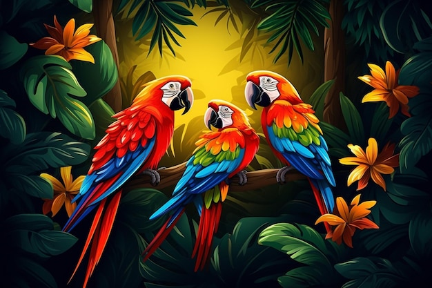 Folhas tropicais e aves exóticas de fundo