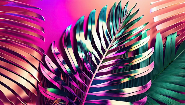 Folhas tropicais e de palmeira em cores holográficas brilhantes e ousadas Gerar Ai