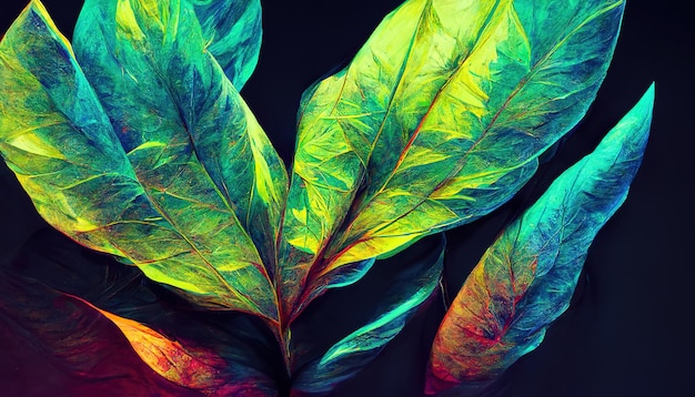 Folhas tropicais e de palmeira em cores neon holográficas de gradiente vibrantes e em negrito Arte conceitual Fundo de surrealismo mínimo