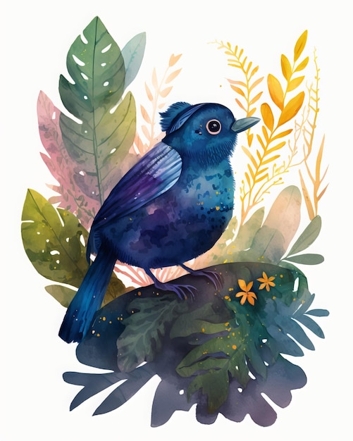 Folhas tropicais e fundo de pássaro azul