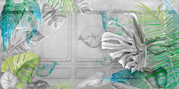 Folhas tropicais em aquarela na parede de concreto