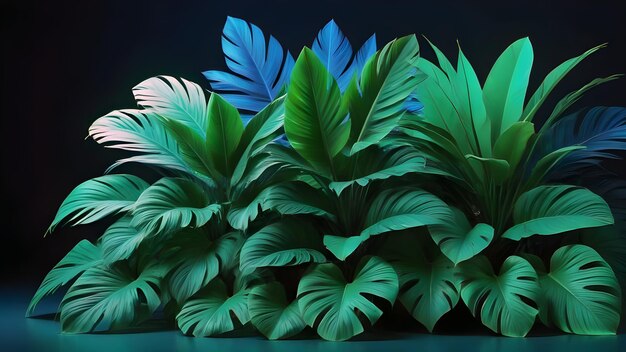 Foto folhas tropicais em luz de néon verde e azul