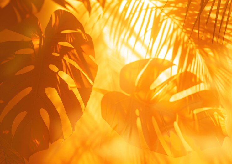 Foto folhas tropicais em silhueta com fundo laranja quente criando uma atmosfera serena e vibrante
