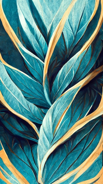 Folhas tropicais exóticas desenhadas na parede azul Ilustração 3D de fundo floral