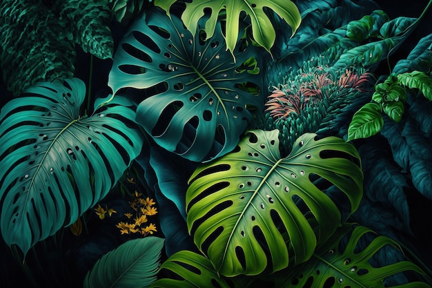 Foto folhas tropicais exuberantes fundo escuro
