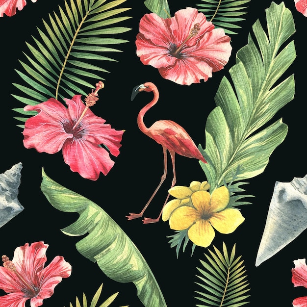 Folhas tropicais flores de hibisco concha e flamingo rosa Ilustração em aquarela Padrão sem emenda em um fundo preto da coleção CUBA Para embalagens de papel de parede de têxteis de tecido