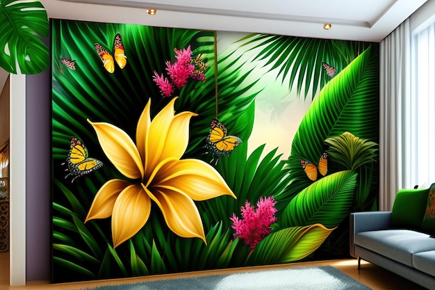 Folhas tropicais grandes flores exóticas e quadro de borboletas