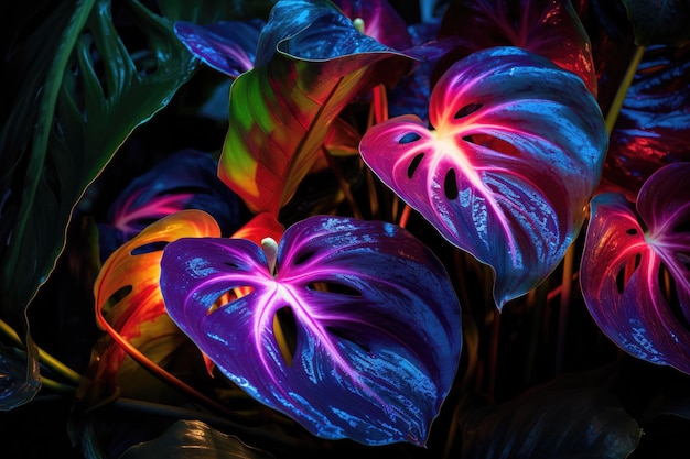 Folhas tropicais iluminadas por impressionantes luzes de néon