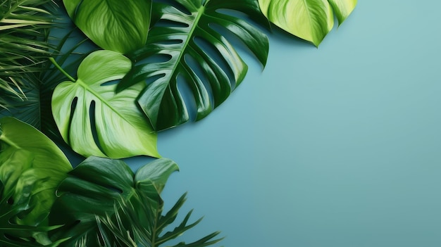 Folhas tropicais Monstera e palma em fundo azul gerado ai