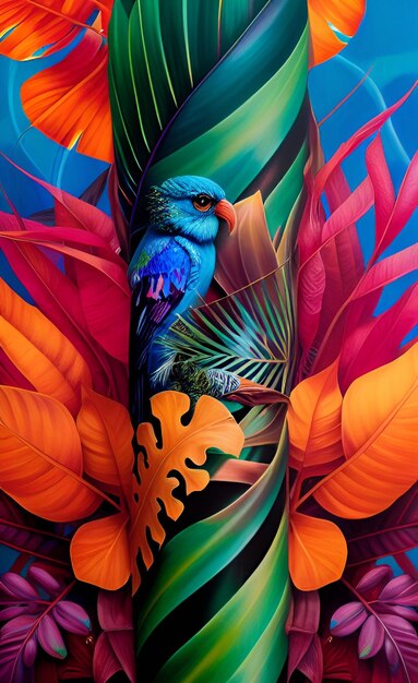 folhas tropicais palma e flores composição realista de quadro de ramo de pássaro colorido