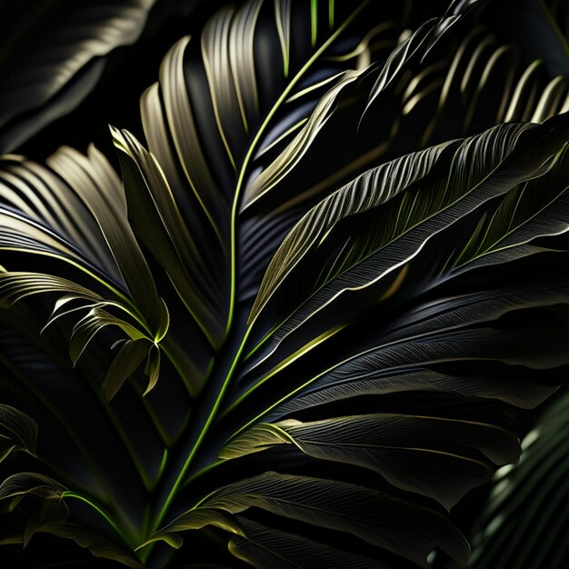 Foto folhas tropicais realistas detalhadas sob um spotlight em um fundo preto de uma sala escura