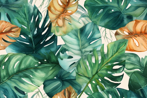 Folhas tropicais sem costura fundo Monstera strelitzia palms Padrão de selva aquarela Generative ai