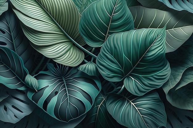 Folhas tropicais textura de fundo padrão floral verde na ilustração da selva IA generativa
