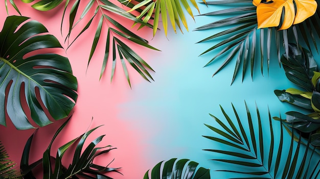 Foto folhas tropicais verdes sobre um fundo rosa e azul publicidade criativa