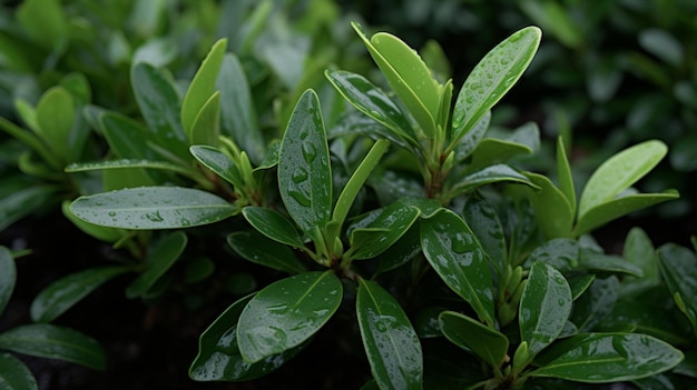 folhas verdes arranhadas de um arbusto com gotas de água sobre elas