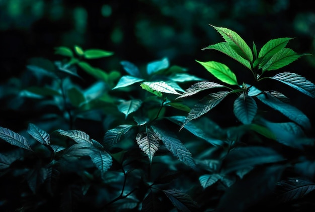 Folhas verdes claras contra um fundo escuro