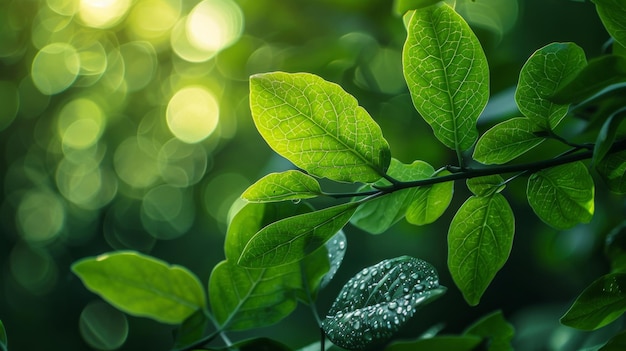 Folhas verdes com fundo bokeh conceito de natureza e ambiente