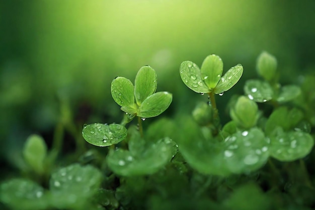 Folhas verdes com gotas de água de manhã Fundo natural