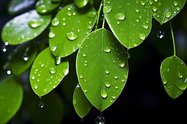 Foto folhas verdes com gotas de água nelas