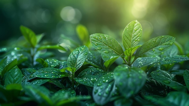Folhas verdes com gotas de água pela manhã Fonte da natureza foco suave