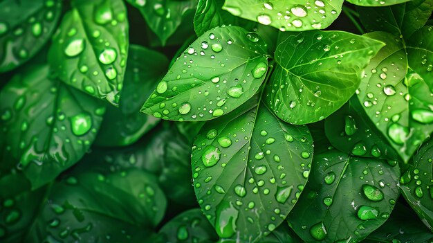 Folhas verdes com gotas de chuva Folhagem fresca com gotas d'água Fundo natural com espaço de cópia