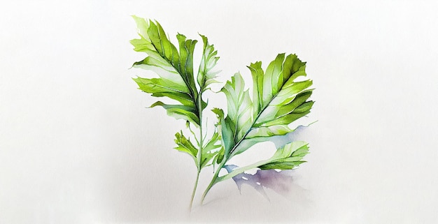 Folhas verdes de chicória. Aquarela de cor em fundo de papel branco. Ilustração de legumes.