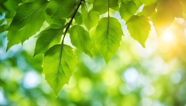 folhas verdes de uma árvore com o sol brilhando através delas