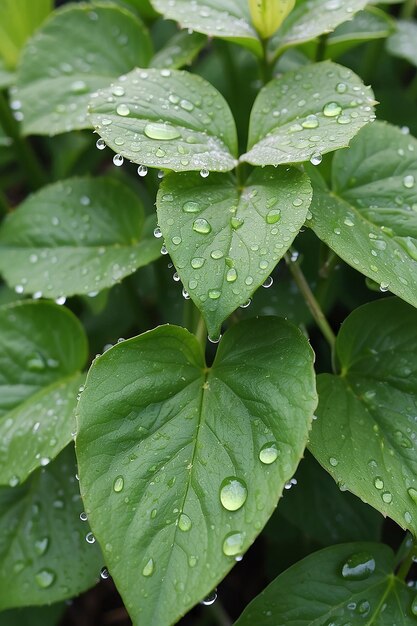 Folhas verdes de uma planta com gotas de orvalho