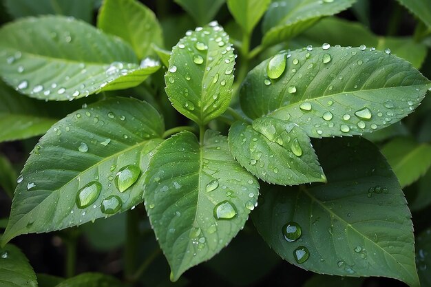 Folhas verdes de uma planta com gotas de orvalho