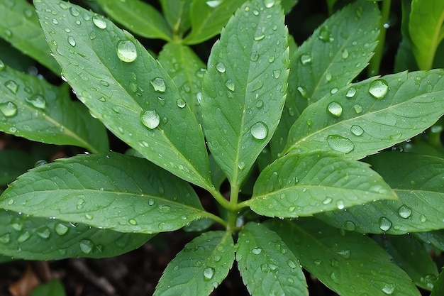 Folhas verdes de uma planta com gotas de orvalho