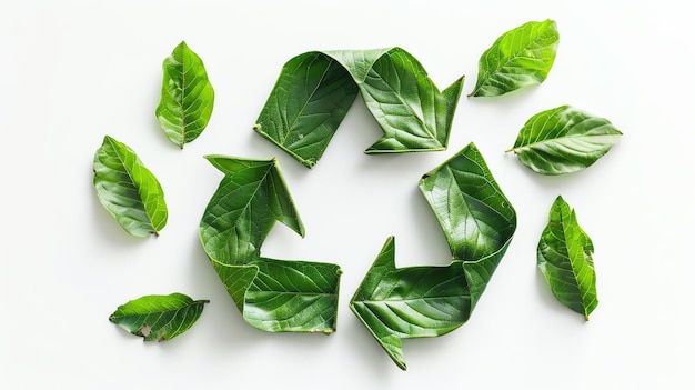 Folhas verdes dispostas em forma de um símbolo de reciclagem sobre um fundo branco O conceito de reciclar e proteção ambiental