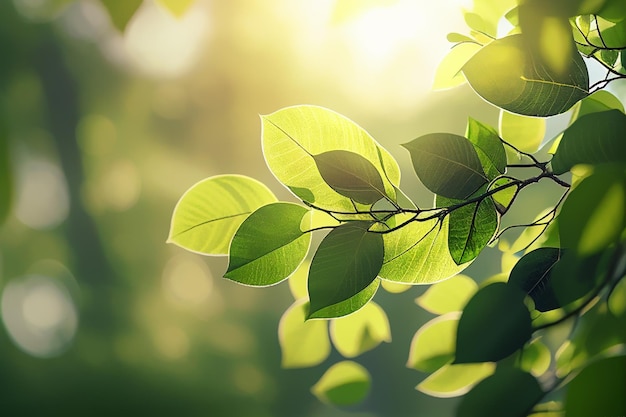 Folhas verdes em galhos com luz do sol matinal e fundo de primavera e verão