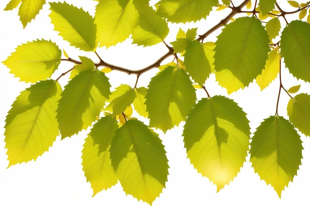 Folhas verdes em uma árvore com o sol brilhando sobre elas